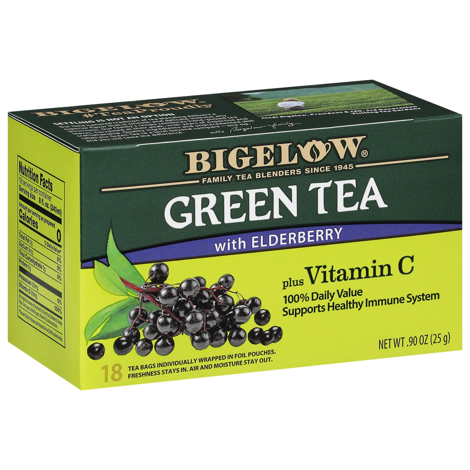 Bigelow Green Tea with Elderberry Plus Vitamin C tea bags in a box, ready for daily brew.