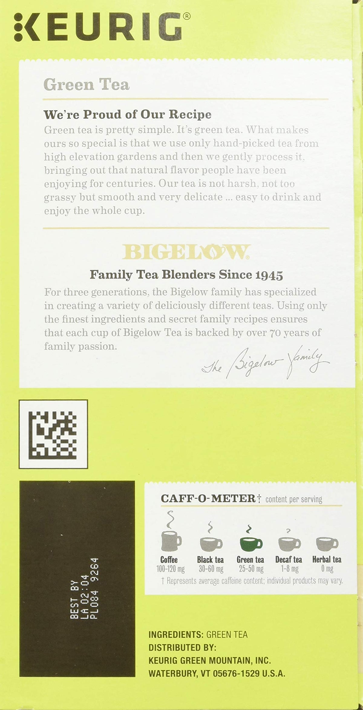 Brewed Bigelow Green Tea in a steaming cup.