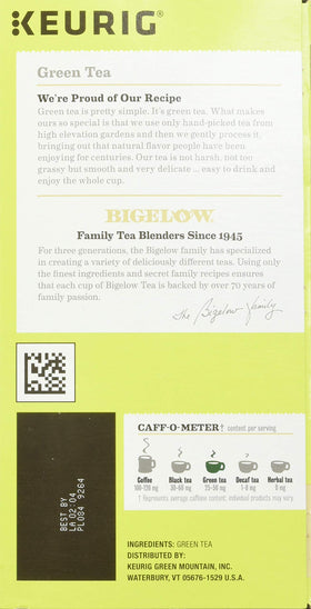 Brewed Bigelow Green Tea in a steaming cup.