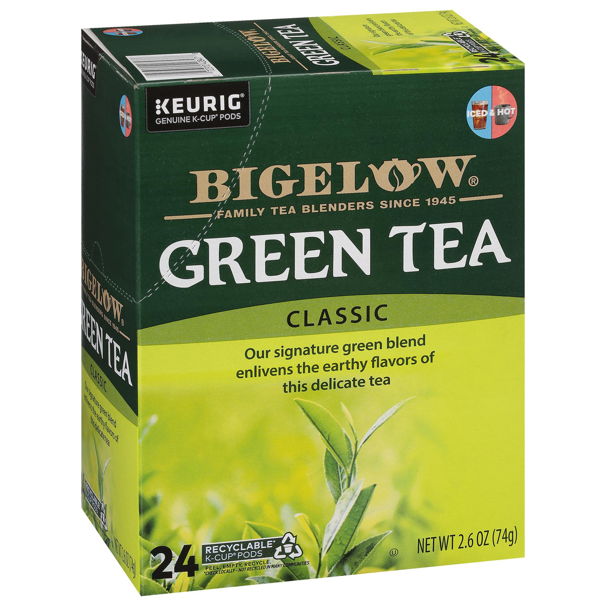 Bigelow Green Tea Keurig box front for quick, convenient single-serve brewing.