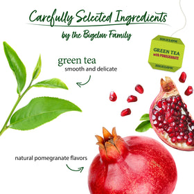 A steaming cup of Bigelow Green Tea with Pomegranate ready to sip.