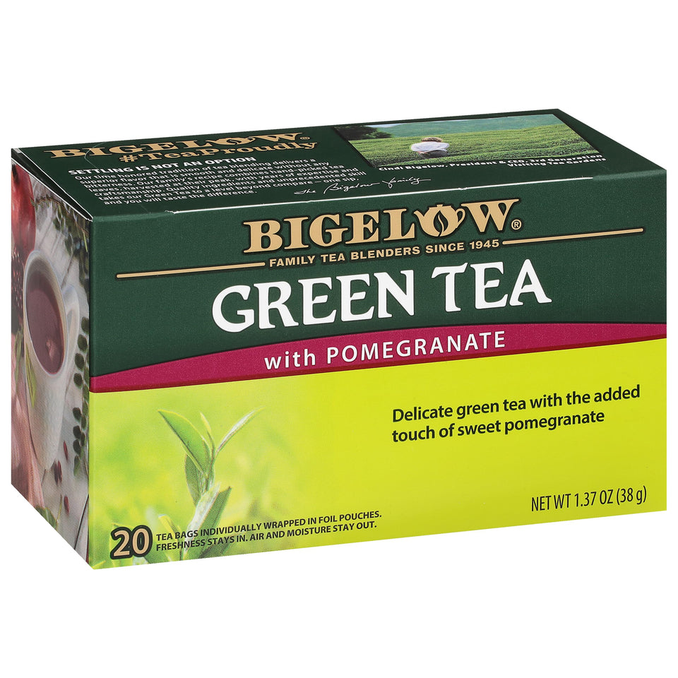 Bigelow Green Tea with Pomegranate tea bags offer a refreshing flavor.