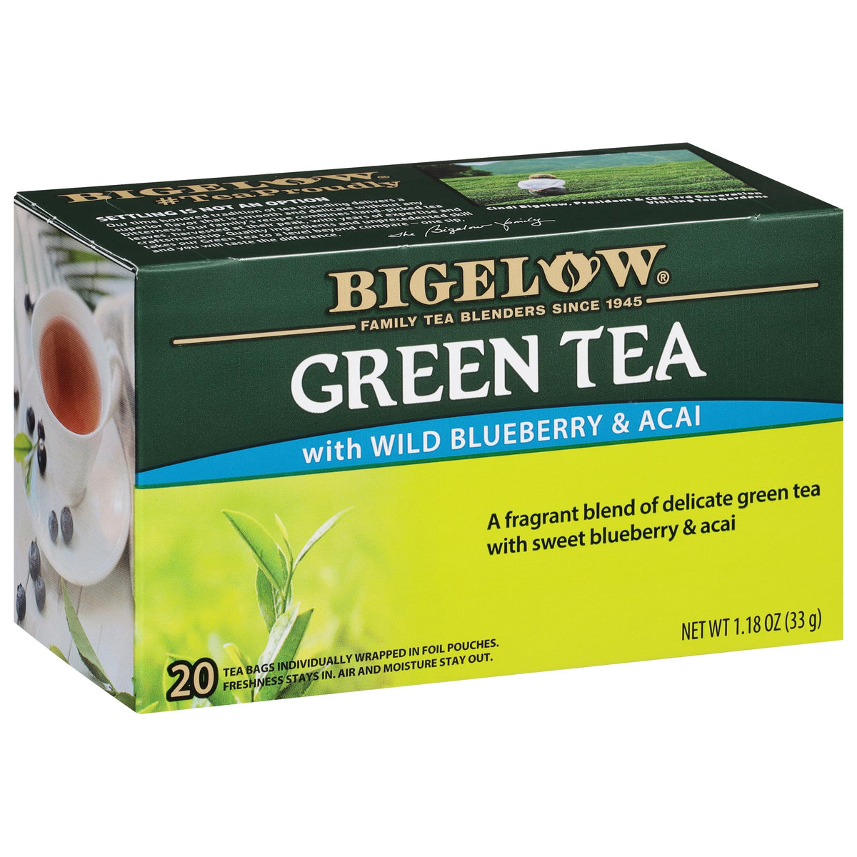Bigelow Green Tea with Wild Blueberry and Acai tea bags ready to brew.