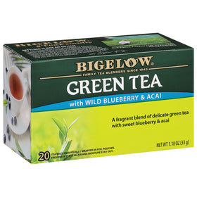 Bigelow Green Tea with Wild Blueberry and Acai tea bags ready to brew.