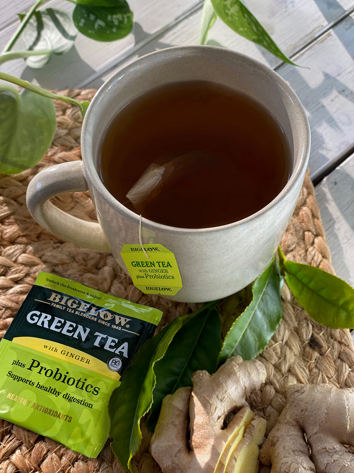 Bigelow Green Tea with Ginger Plus Probiotics tea bag close-up highlighting aroma