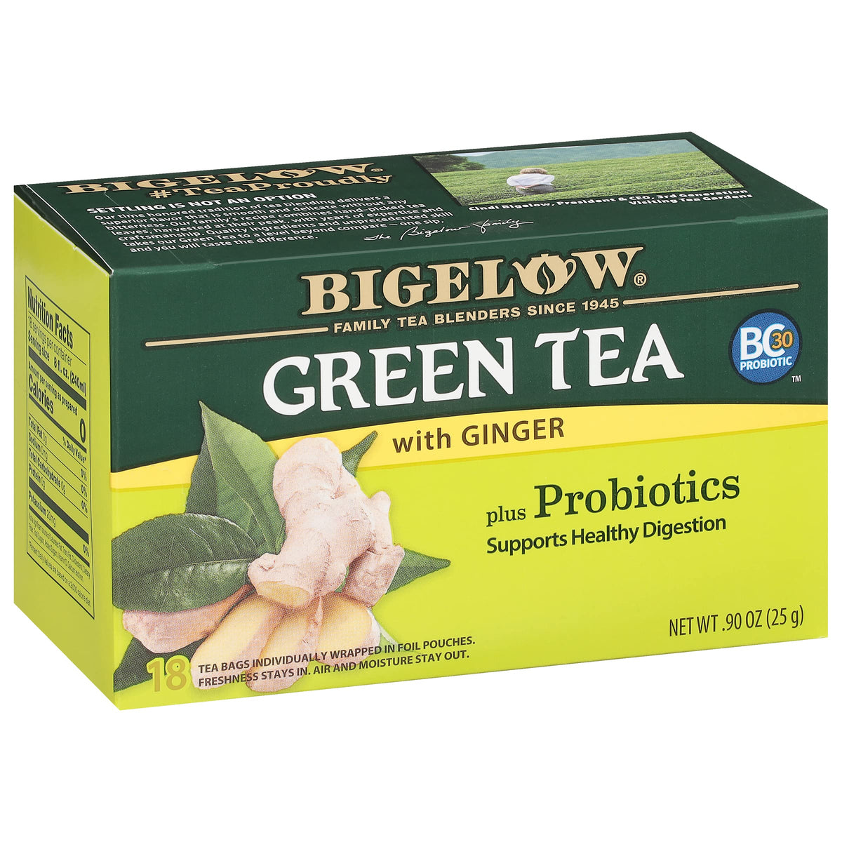 Bigelow Green Tea with Ginger Plus Probiotics tea bag front view for quick brew