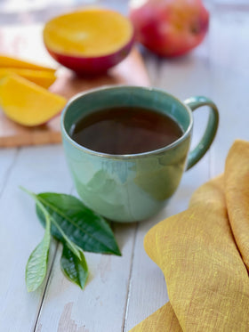 Brewing Bigelow Green Tea with Mango yields a bright, flavorful cup.