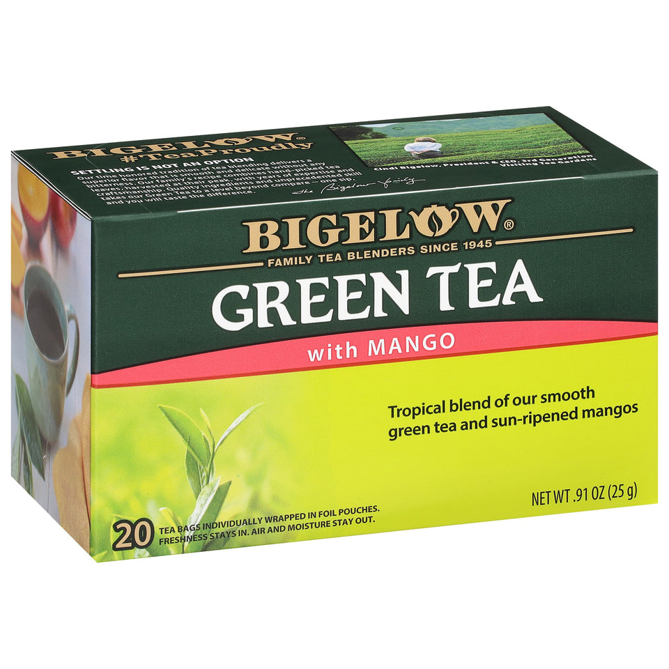 Bigelow Green Tea with Mango tea bags, fresh aroma ready to brew.