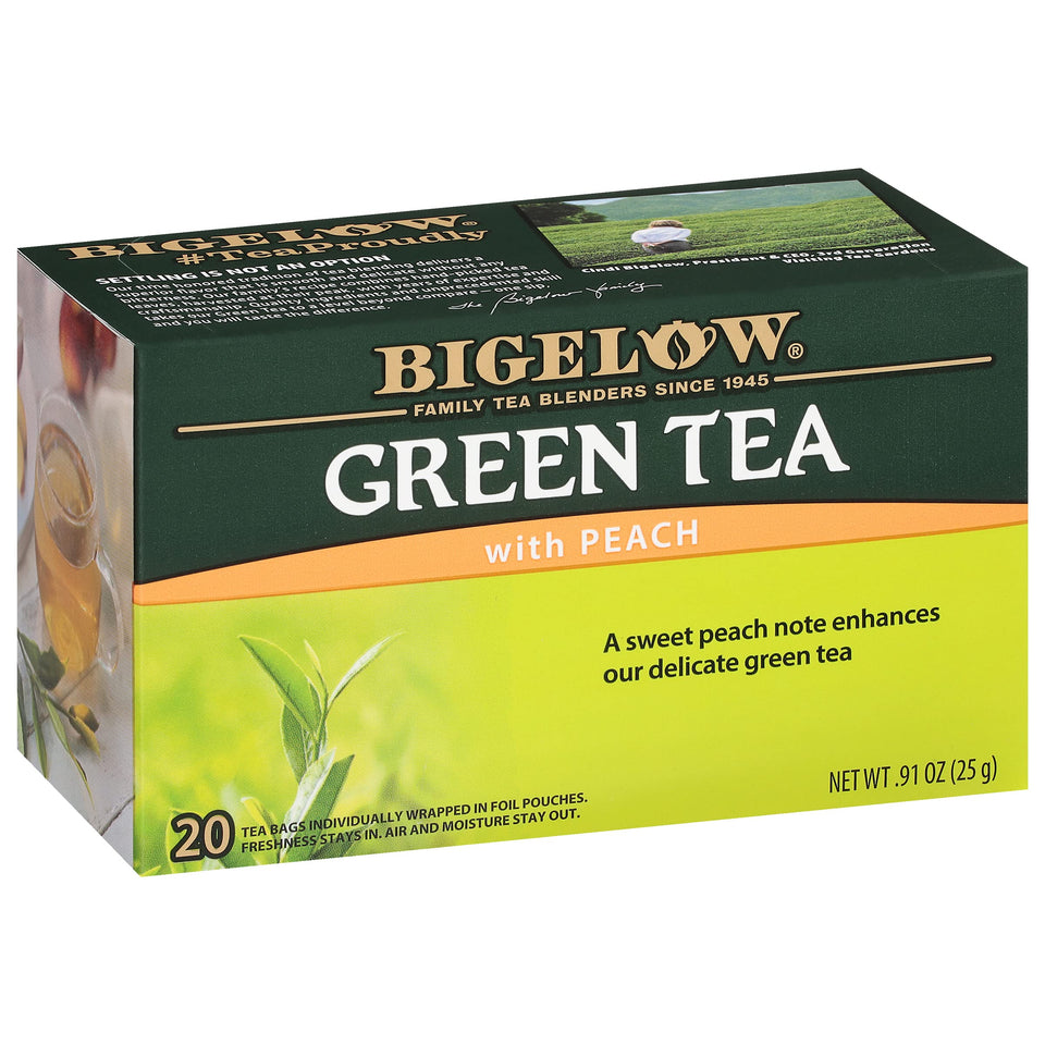 Bigelow Green Tea with Peach tea bags offering smooth, fruity flavor for anytime