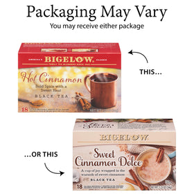 Aromatic cinnamon notes with bold black tea for a comforting brew from Bigelow.