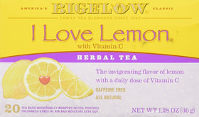Bigelow I Love Lemon tea bags in a pack offer a refreshing caffeine-free moment.