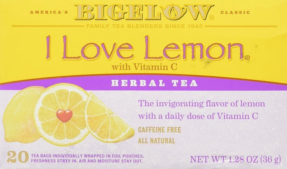 Bigelow I Love Lemon tea bags in a pack offer a refreshing caffeine-free moment.