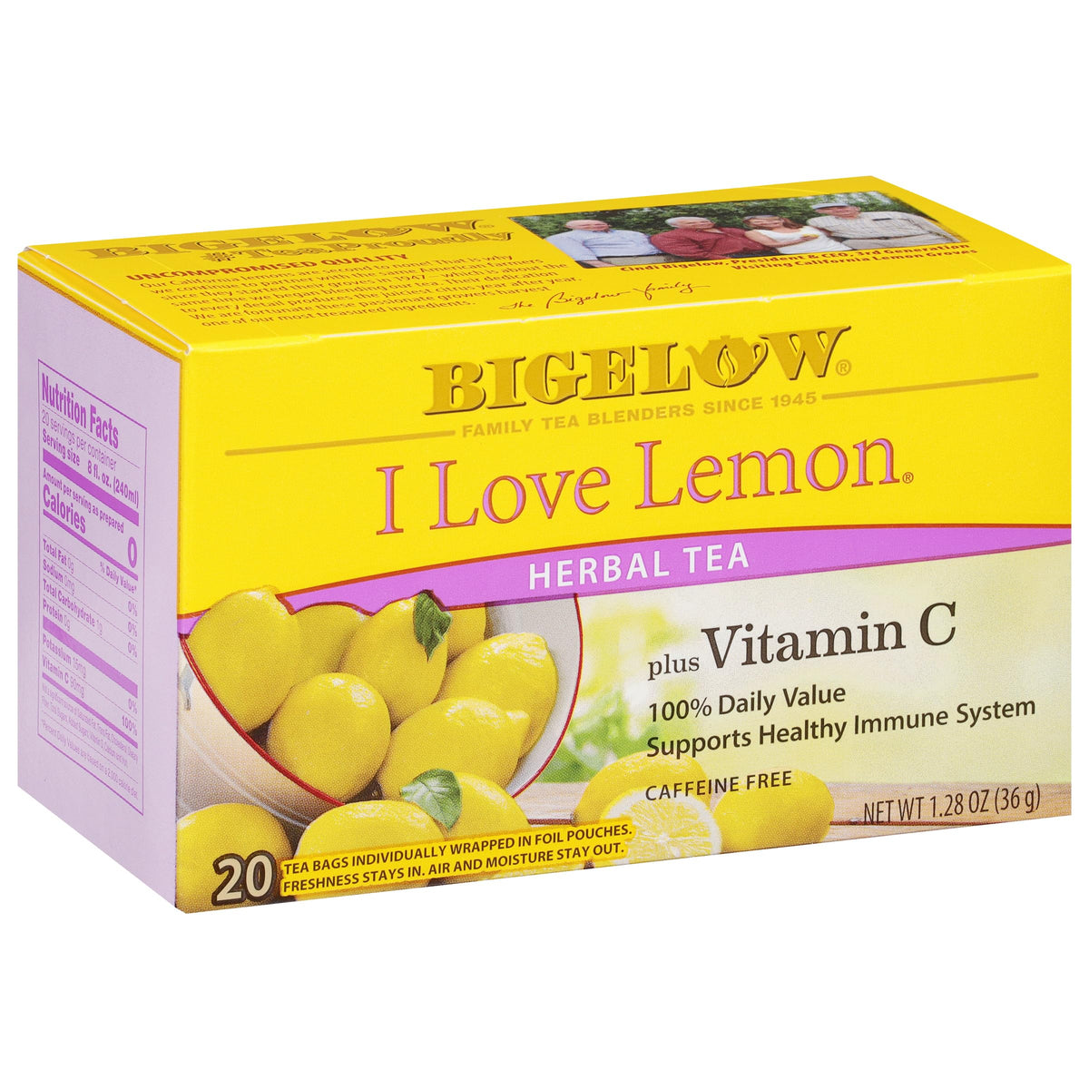 Bigelow I Love Lemon vitamin C tea bag close-up with bright lemon zest.