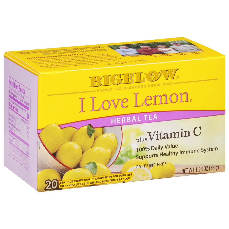 Bigelow I Love Lemon vitamin C tea bag close-up with bright lemon zest.