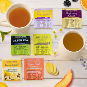 Bigelow Immunity tea bags close-up with foil wrappers ensuring freshness on the go