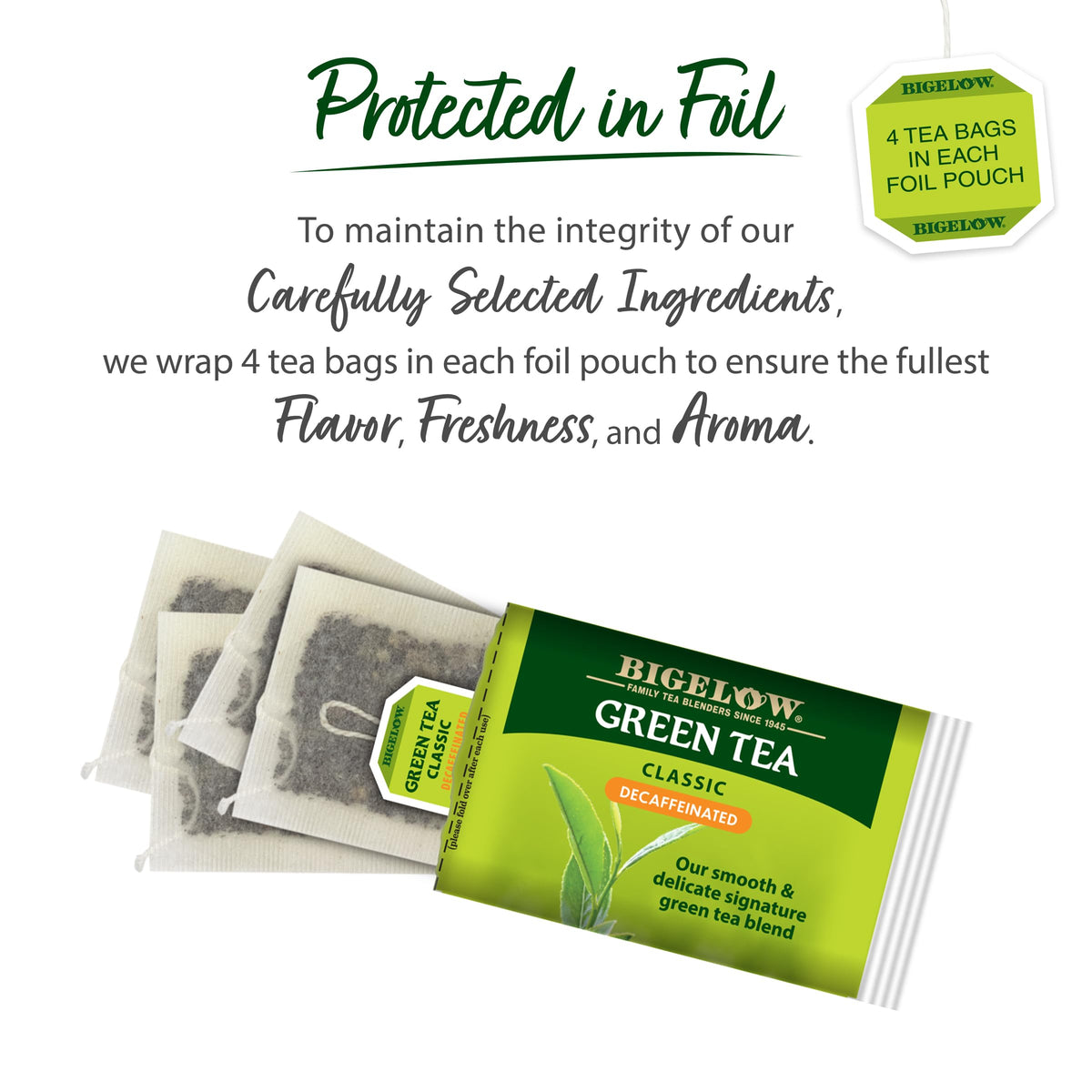 Bigelow individually wrapped tea bags preserve freshness for brewing.