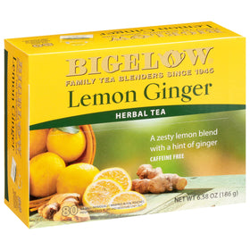 Bigelow Lemon Ginger tea bags closeup, caffeine-free flavor ideal for anytime