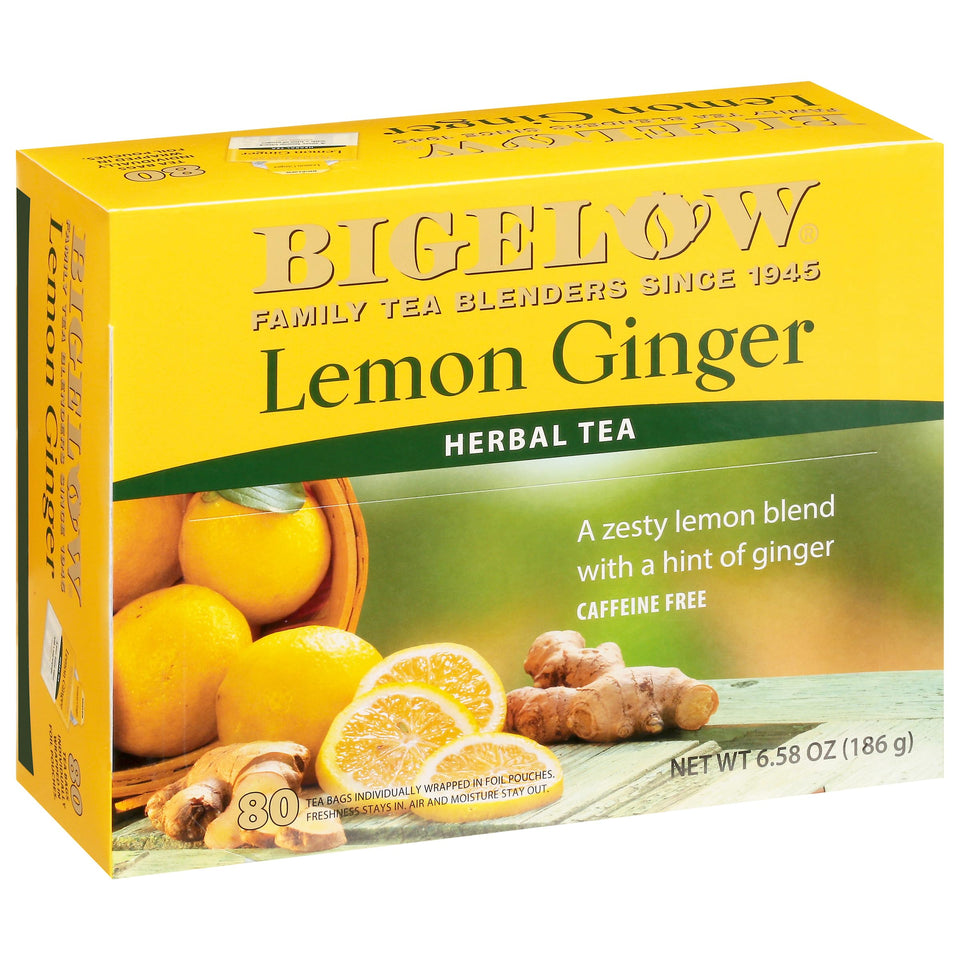 Bigelow Lemon Ginger tea bags closeup, caffeine-free flavor ideal for anytime
