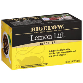 Bigelow Lemon Lift black tea bags in a box, convenient for quick brews.