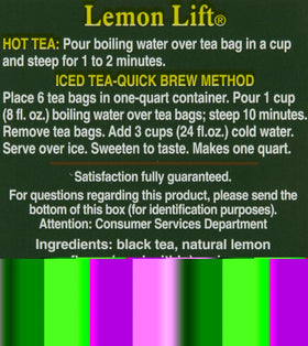Bigelow Lemon Lift packaging highlighting flavor-protecting envelopes for freshness.