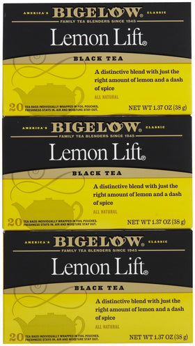 Bigelow Lemon Lift tea bags ready for brewing and savoring.