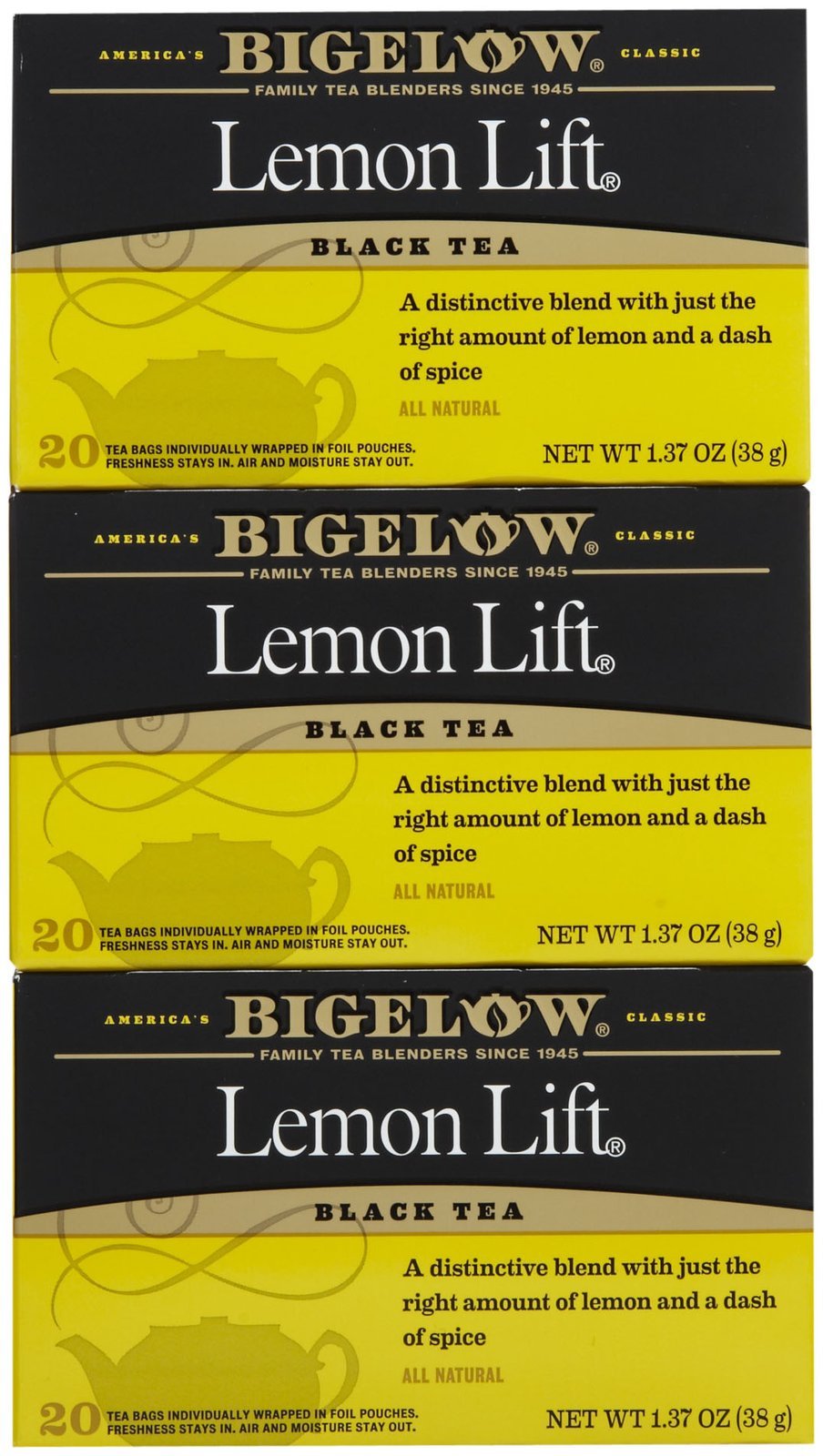 Bigelow Lemon Lift tea bags ready for brewing and savoring.