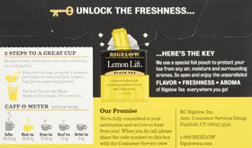 Bigelow Lemon Lift Tea cup serving hot or iced with bright lemon aroma.