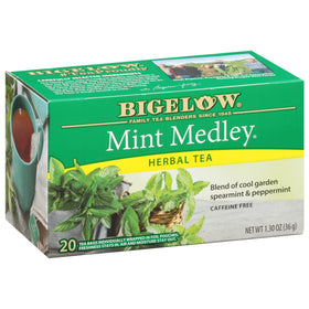 Bigelow Mint Medley tea bags box showing individually wrapped pouches for peak freshness.
