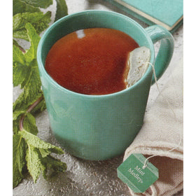 Closeup of Bigelow Mint Medley tea bags highlighting refreshing spearmint and peppermint blend.