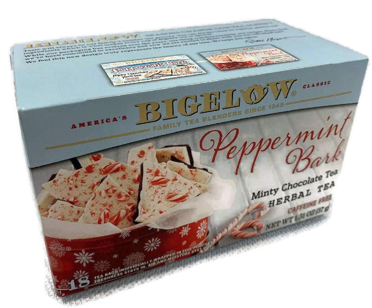 Bigelow Peppermint Bark Mint Chocolate Tea display beside a mug for a relaxing evening.