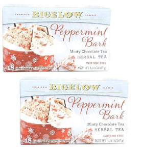 Bigelow Peppermint Bark Mint Chocolate Herbal Tea two-pack on display for cozy evenings.