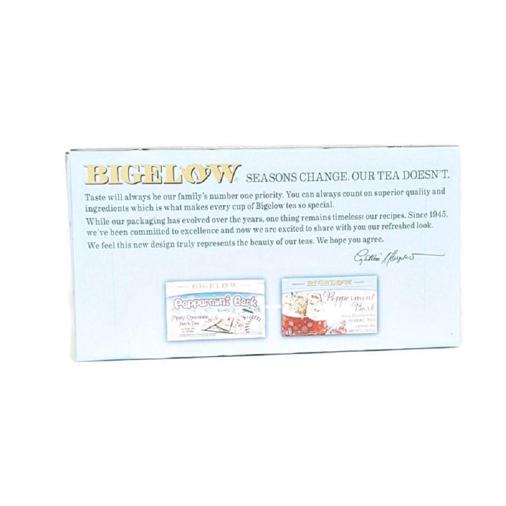Bigelow Peppermint Bark Mint Chocolate Herbal Tea packaging with mint and chocolate notes for dessert pairing.