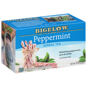 Bigelow Peppermint tea bags box showing the caffeine-free herbal blend for soothing moments