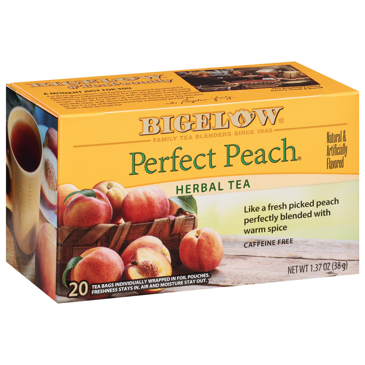 Bigelow Perfect Peach tea bags packaging shows peach flavor and convenience.