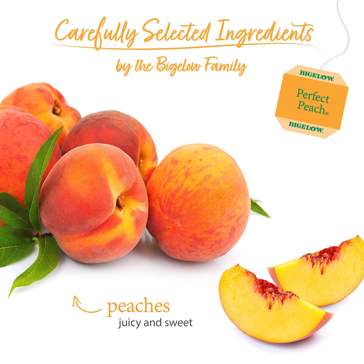 Bigelow Perfect Peach tea brewed cup illustrates inviting color and taste.