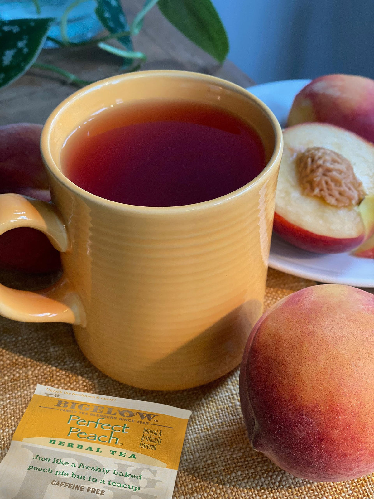 Bigelow Perfect Peach tea cup steeping evokes fresh, fruity aroma.