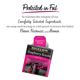 Individual foil packets preserve freshness of Bigelow Raspberry Royale for on-the-go enjoyment.