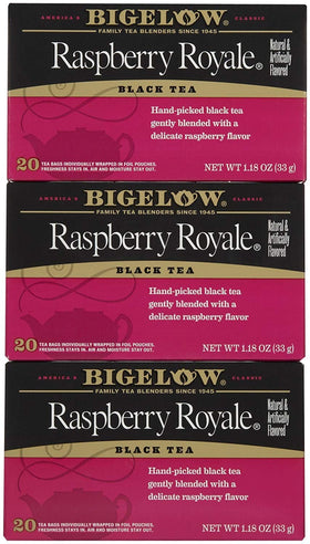 Bigelow Raspberry Royale tea bags in box for convenient antioxidant-rich moments.