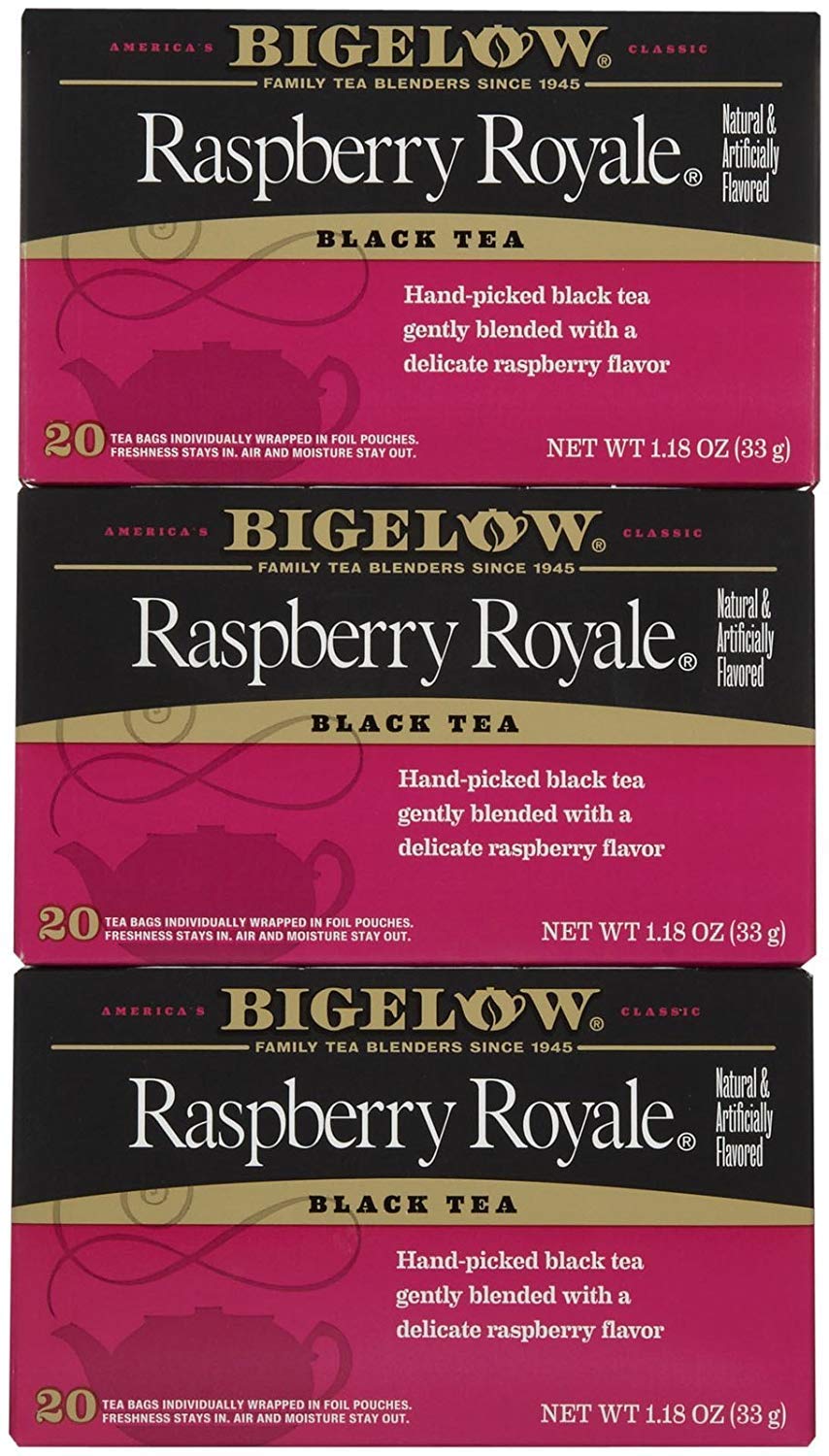 Bigelow Raspberry Royale tea bags in box for convenient antioxidant-rich moments.