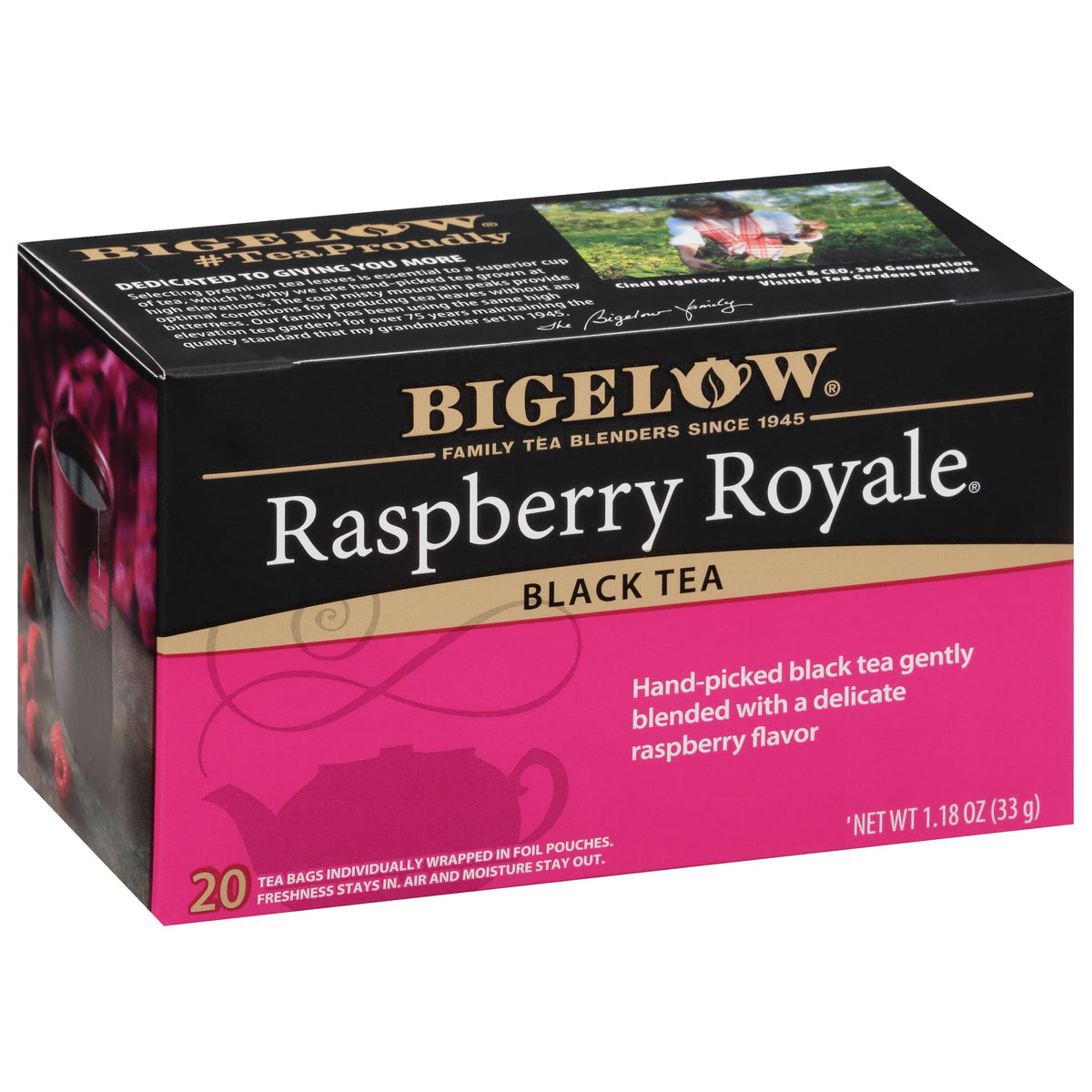 Bigelow Raspberry Royale tea bags with fruity aroma for bold flavor.
