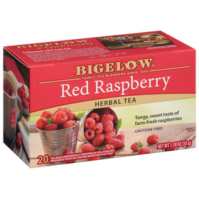 Bigelow Red Raspberry Herbal Tea bag close-up with fruity aroma and caffeine-free option.