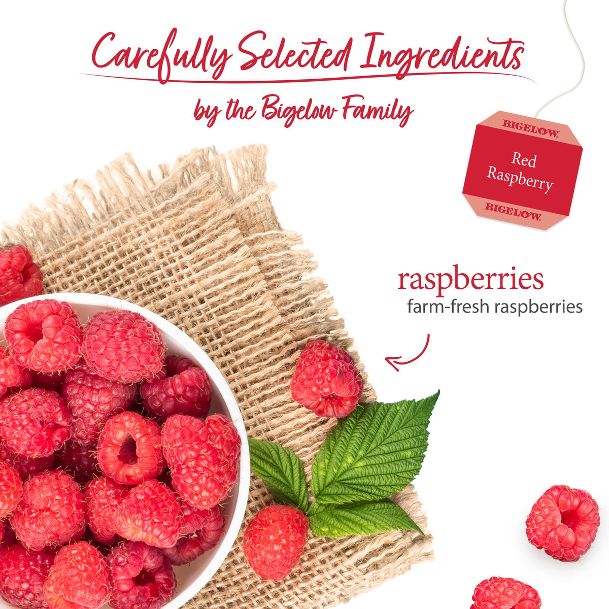 Stack of Bigelow Red Raspberry Tea boxes highlighting value of a six-pack.