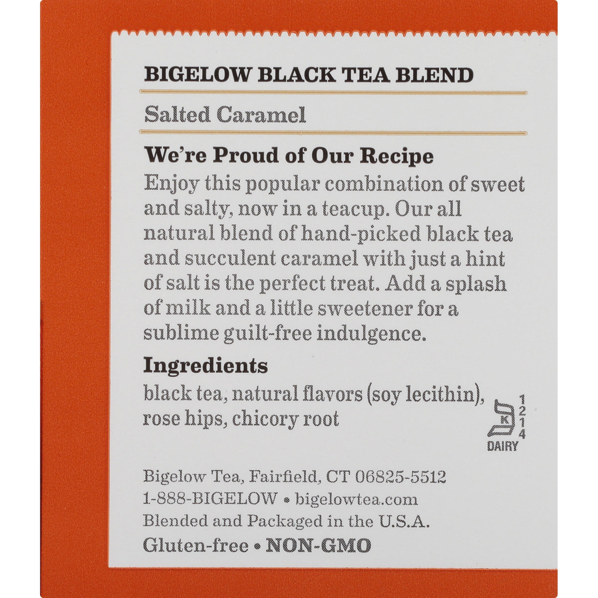 Bigelow Salted Caramel tea bag closeup reveals rich caramel notes.