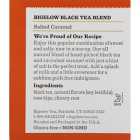 Bigelow Salted Caramel tea bag closeup reveals rich caramel notes.