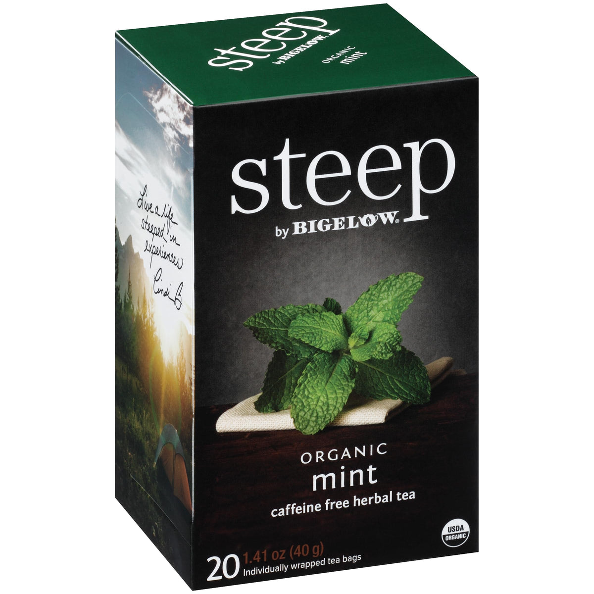 Bigelow Organic Mint Tea packaging with USDA Organic verification.