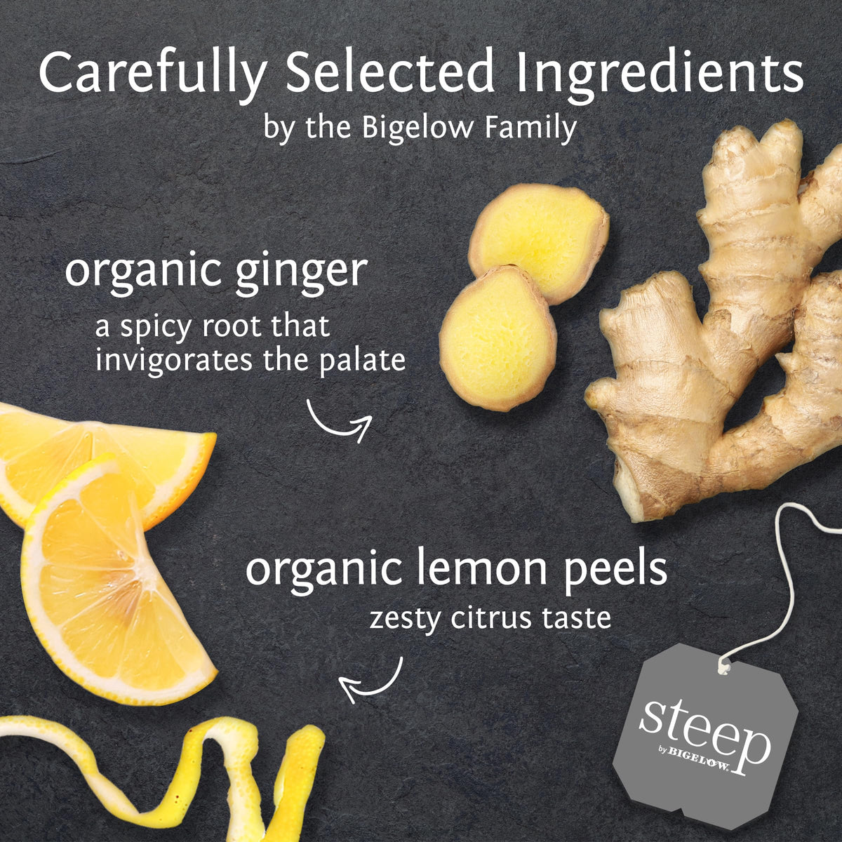 A warm cup of Bigelow Steep Lemon Ginger Tea during a fragrant steep.