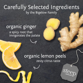 A warm cup of Bigelow Steep Lemon Ginger Tea during a fragrant steep.
