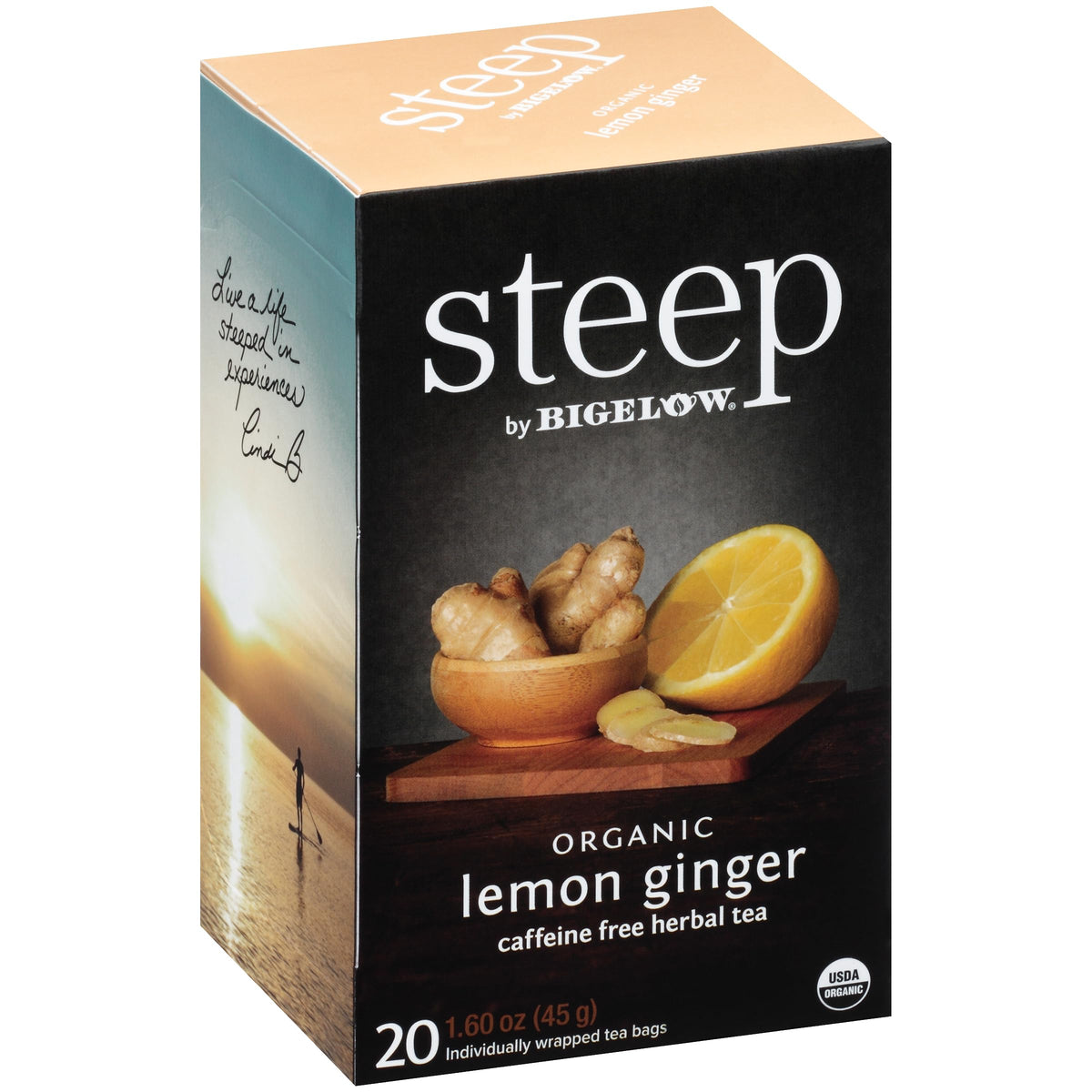 Bigelow Steep Lemon Ginger Tea foil packaging preserves flavor and aroma.