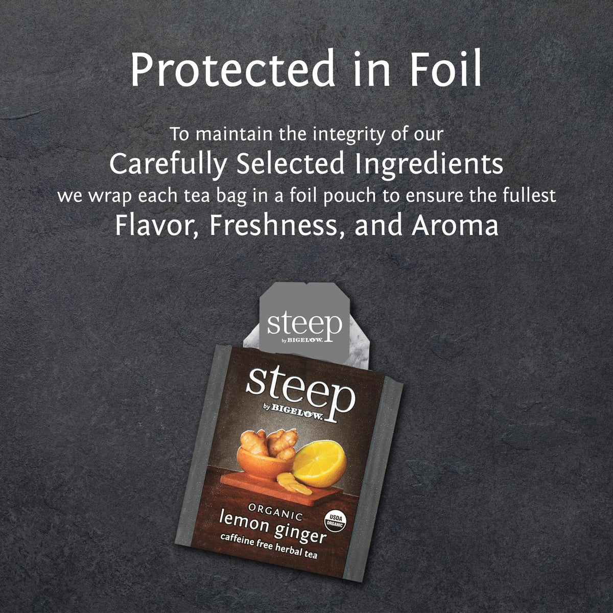 Visible ginger root and lemon zest in Bigelow Steep Lemon Ginger Tea.