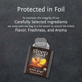Visible ginger root and lemon zest in Bigelow Steep Lemon Ginger Tea.